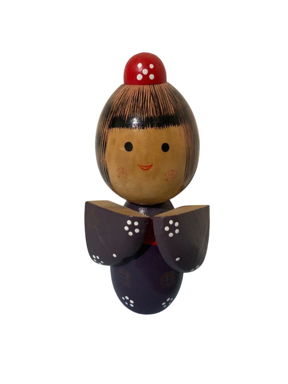 Vintage Japanese Kokeshi Wooden Doll With Purple Kimono And Red Hairpiece
